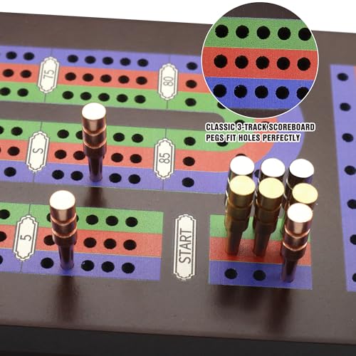 Wooden Cribbage Board Game Set with Metal Pegs and 2 Decks of Playing Cards, Travel Cribbage Board with Card Storage, Magnetic Lock, Classic Continuous 3 Track Cribbage Set for Family
