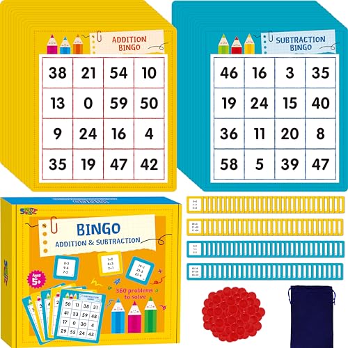 SpriteGru Addition & Subtraction Bingo Game, 360 Math Problems, 2 Educational Math Board Game for Kindergarten and Preschool Kids 4-8, Perfect for Classroom & At Home - style: Addition & Subtraction Bingo Game