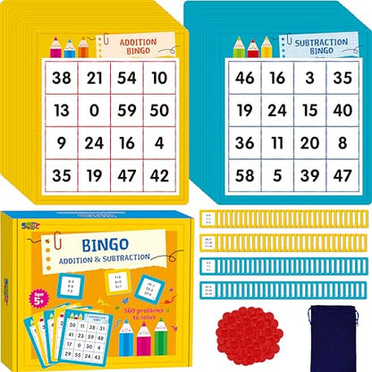SpriteGru Addition & Subtraction Bingo Game, 360 Math Problems, 2 Educational Math Board Game for Kindergarten and Preschool Kids 4-8, Perfect for Classroom & At Home - style: Addition & Subtraction Bingo Game