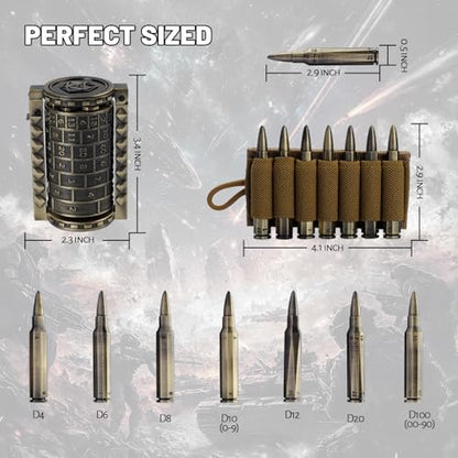 CZYY Rifle Bullet Dice Set, Metal 7 Polyhedral Dice Set for Tabletop Games | D4 to D20 & D%, Spinning Cylinder-Style Case, Cartridge Holder Belt, Gift for RPG Players & Collectors, Bronze - color: Bronze