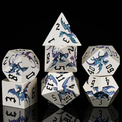 Metal D&D Dragon Dice Set,Metallic DND Polyhedral Dice for Dungeons and Dragons RPG TTRPG D&D 7-Die Set with Gift Case Pearl Silver Illusion to Blue Green Purple - color: Dragon-pearl Silver Illusion to Blue Green Purple