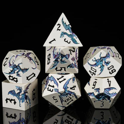 Metal D&D Dragon Dice Set,Metallic DND Polyhedral Dice for Dungeons and Dragons RPG TTRPG D&D 7-Die Set with Gift Case Pearl Silver Illusion to Blue Green Purple - color: Dragon-pearl Silver Illusion to Blue Green Purple