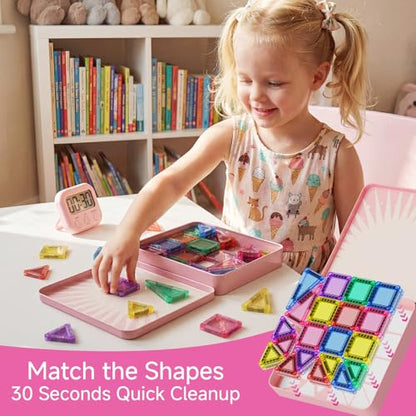 Mini Magnetic Tiles for Girls Travel: 60 PCS Pink Magnet Building Blocks in Tin Box to Stop Crying - 60 Mins Quiet Play 30s Cleanup Toy - Car Airplane Essentials Ages 3-8 - style: Pink 60PCS