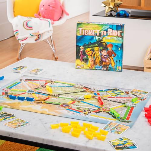 Ticket to Ride First Journey - Kids Train Board Game for Families, Strategy for Children, Board Games for Kids, Family Fun for Children & Families, 2-4 Players Ages 6+, 15-30 Min | For young players, connect cities on tickets, Simplified map suits small h