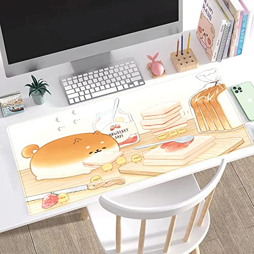 Cute Desk Mat Anime Cartoon Desk Pad Mouse Pad Kawaii Large Yellow Shiba Inu Gaming Mousepad XXL Laptop Keyboard Desktop Writing Pad Stitched Edge Desk Accessories for Girls Students 31.5''X15.7'' - color: Yellow Toast Bread