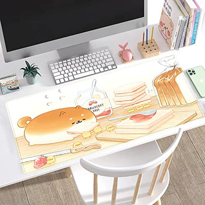 Cute Desk Mat Anime Cartoon Desk Pad Mouse Pad Kawaii Large Yellow Shiba Inu Gaming Mousepad XXL Laptop Keyboard Desktop Writing Pad Stitched Edge Desk Accessories for Girls Students 31.5''X15.7'' - color: Yellow Toast Bread