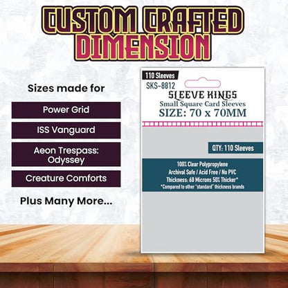 Sleeve Kings Standard Card Sleeves – 110 Count, Clear 60 Micron Thickness, Medium Square Size (70 x 70 mm), Compatible with Power Grid & More – SKU: SKS-8812 - size: 70 x 70 mm, style: Small Square