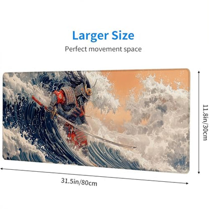 Japanese Samurai Gaming Mouse Pad Desk Pad Retro Poster Armor Katana Waves Large Gaming Mouse Mat with Stitched Edges,Non-Slip Waterproof Rubber Base Mouse Mat 31.5"x11.8" - color: Japanese-samurai, size: 31.5" x 11.8"