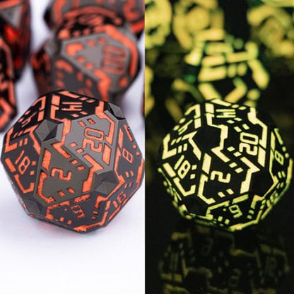 Metal DND Sci-fi Dice Set 7PCS Luminous Orange Stripe Polyhedral Dice for Dungeons Dragons RPG Role Playing Game, Glitter D and D Dice with Gift Box D6 D8 D10 D12 D20 - color: Nightlight - Orange