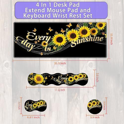 Large Gaming Mouse Pad Set with Wrist Support – 31.5" x 11.8" 4-in-1 XXL Mousepad with Keyboard Wrist Rest, Mouse Wrist Rest & Coaster – Ergonomic Desk Mat for Office, Home – Sunflower - color: Sunflower