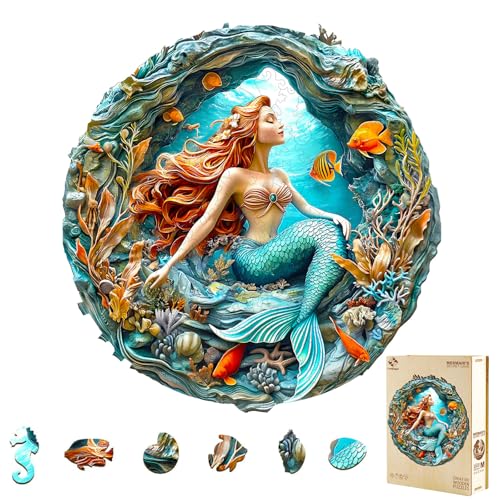 Wooden Puzzles for Adults, Mermaid's Secret Cave Wood Puzzles Adult, Unique Animal Shaped Wooden Jigsaw Puzzle, Creative Gifts for Friends/Family/Puzzle Lovers, Home Decor(S-8.5 * 8.2in 100pcs) - color: Mermaid's Secret Cave, size: Small