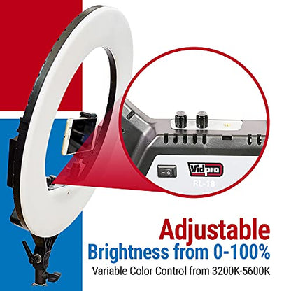 Vidpro RL-18 LED 18-Inch Ring Light Kit with Stand and Case - 55W Dimmable 3200-5600K Variable Color Control Ring Light Set Compatible with Most Cameras and Smartphones Perfect for Photography Live
