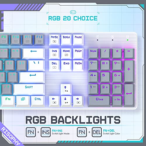 RisoPhy Wireless Mechanical Keyboard, Triple Mode 2.4G/USB-C/Bluetooth Gaming Keyboard, 104 Keys Programmable, Customize RGB Backlit, Red Switch, Bicolor PBT Keycaps, Rechargeable Wired for Laptop PC - color: Grey