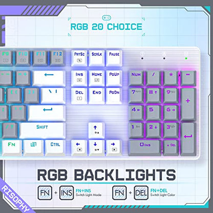 RisoPhy Wireless Mechanical Keyboard, Triple Mode 2.4G/USB-C/Bluetooth Gaming Keyboard, 104 Keys Programmable, Customize RGB Backlit, Red Switch, Bicolor PBT Keycaps, Rechargeable Wired for Laptop PC - color: Grey