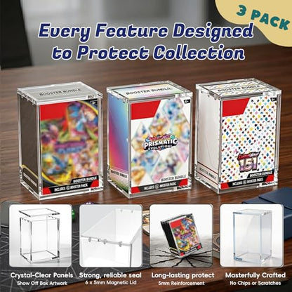(3 Pack) Standard Height Booster Bundle Acrylic Case, Magnetic Display Case | 8mm Crystal-Clear Acrylic, Magnetic, Stackable, Fits Standard-Height Booster Bundles & Build & Battle Boxes