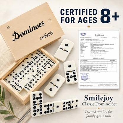 Smilejoy Dominoes Set for Adults, Double Nine Domino Set for Classic Board Games, Dominoes Double 9 for Family Games with Natural Wooden case with Spinner 55pcs