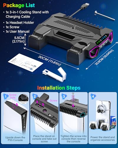 Cooling Station with Controller Charging Station for PS5/Slim/Pro Console | Cooling stand and Controller Charger Accessories for Playstation 5 - LED Light, Turbo Fan, Headset Holder, 3 USB Hub, Black - color: Black