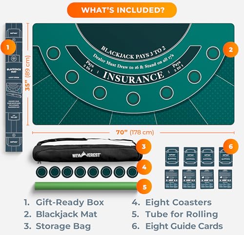 Newverest Blackjack Mat 70" x 35", Blackjack Table Top for Home Game Nights with Friends | Black Jack Casino Table Topper, Poker Mat Layout in Zipper Storage Bag with 8 Coasters in Gift-Ready Box - color: Traditional Green