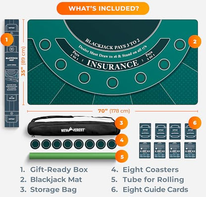 Newverest Blackjack Mat 70" x 35", Blackjack Table Top for Home Game Nights with Friends | Black Jack Casino Table Topper, Poker Mat Layout in Zipper Storage Bag with 8 Coasters in Gift-Ready Box - color: Traditional Green