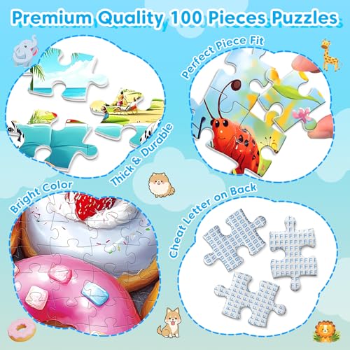 4 Packs 100 Piece Puzzles for Kids Ages 4-6 6-8 8-10, Cute Donuts & Insects & Dalmatians & Animals Educational Jigsaw Puzzles, Birthday Xmas Gifts for Boys Girls Teens Adults Kids Puzzles 4-6 5-8 - style: Donuts Insects Dalmatians Animals