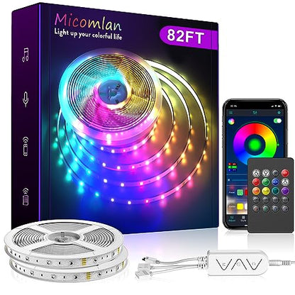 Micomlan 82Ft/25m LED Strip Lights, Music Sync Color Changing RGB LED Strip Built-in Mic, Bluetooth APP Controlled Home Lighting for Living Room Kitchen (APP+Remote+Mic+Music)