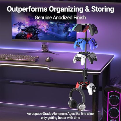 Aluminum Alloy Controller Holder 4 Layers Headphone Stand,Headset Holder & Desk Mounts for 12 Packs Controller，360 Degree Rotation Tier,Gaming Controller Stand for Xbox PS5 PS4 Switch(Black)