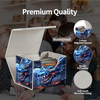 PU Leather Deck Box for MTG Commander Cards, Fits 100+ Double Sleeved Cards, Secure Magnetic Trading Card Storage Case for TCG CCG,Blue Howling Dragon - color: Blue Howling Dragon