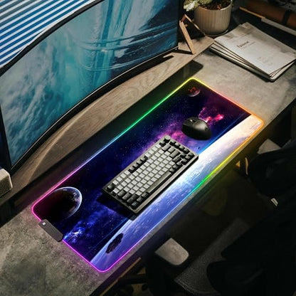 Gerlos RGB Gaming Mouse Pad, Large LED Desk Mat, 31.5 x 11.8 Inch | 12 light modes, non-slip base, water-resistant surface, stitched edges - color: Space