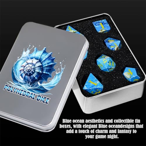 Conch DND Dice Set, 7PCS UV Printed Sharp Edge Acrylic Dice with Metal Gift Box, Lightweight Precision Design for Dungeons & Dragons Players