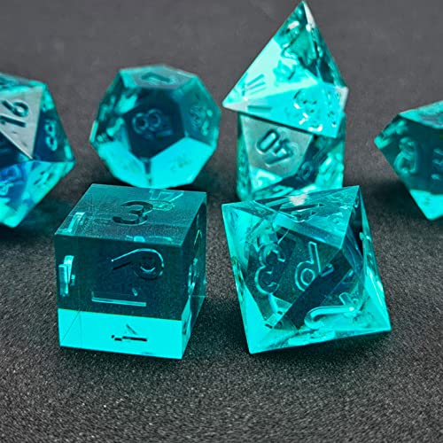 Bescon Crystal Clear (Unpainted) Sharp Edge DND Dice Set of 7, Razor Edged Polyhedral D&D Dice Set for Dungeons and Dragons Role Playing Games, Aquamarine Color - color: Aquamarine