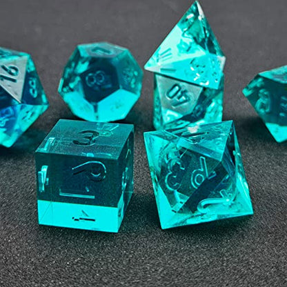 Bescon Crystal Clear (Unpainted) Sharp Edge DND Dice Set of 7, Razor Edged Polyhedral D&D Dice Set for Dungeons and Dragons Role Playing Games, Aquamarine Color - color: Aquamarine
