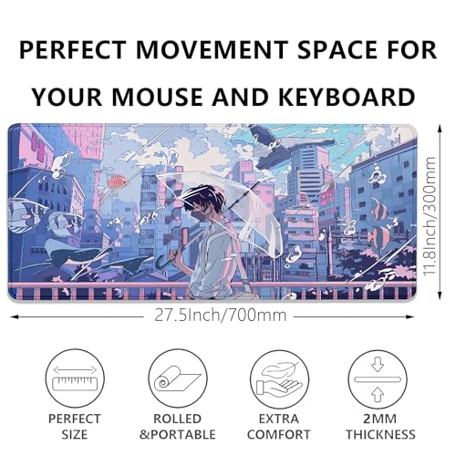 Japanese Fantasy City Boy Mouse Pad Desk Pad,Cute Kawaii Anime Mousepad,Large Extended Gaming Mouse Mat with Stitched Edges Non-Slip Waterproof Rubber Base Mous Mat for Desk Pad(27.5X11.8 in) - color: Japanese Animation