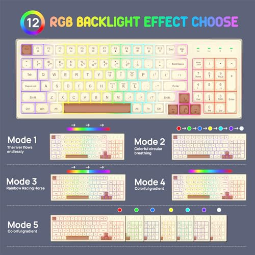 KOLMAX BK98 Wireless Gaming Keyboard, Dual Mode 2.4G/Bluetooth Gaming Keyboard,RGB Backlit Ergonomic 98 Keys PBT Mechanical Feeling Wireless Keyboard for Office Windows Mac PC Gamer(Retro Brown) - color: Retro Brown