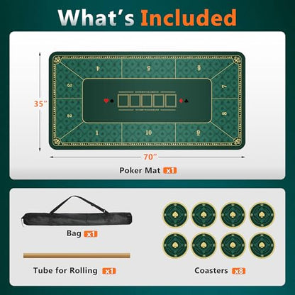 ORIENGEAR Poker Mat 70x35 Inch, 10 Player Poker Table Topper with Non-Slip Rubber Base & Carry Bag, Professional Blackjack Table Top for Texas Holdem, Home Casino Game Nights - color: Green