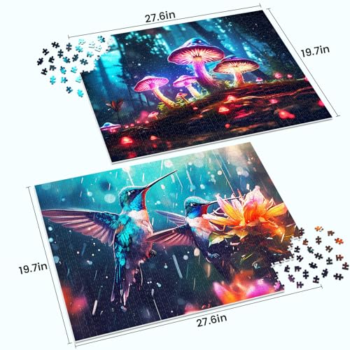 Edsjegn 2 Pack 1000 Piece Puzzle for Adults Jigsaw Puzzles 1000 Pieces 2000 Piece Puzzles for Adults Hummingbird Mushroom Jigsaw Puzzles White Elephant Gifts - color: Hummingbird + Mushroom