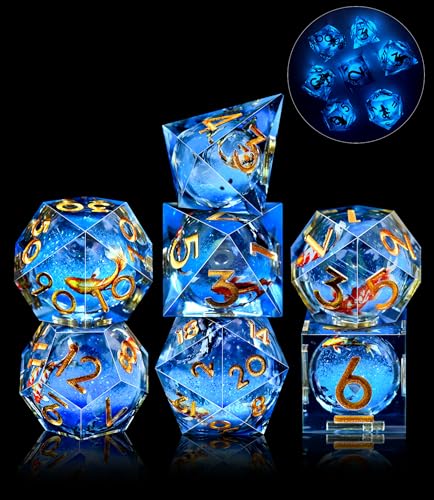 AUSTOR Liquid Core Koi Fish Resin DND Dice Set, 7-Die Glow in The Dark Dice Sharp Edge Polyhedral Dices Luminous Role Playing Dices for Dungeons and Dragons RPG MTG Table Games - color: Koi - Blue