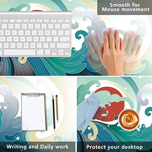 Ocean Wave and Sun Desk Mat,Traditional Japanese Wave Extended Gaming Mouse Pad,Large Non-Slip Rubber Base Mousepad with Stitched Edges,Waterproof Mouse Mat Desk Pad for Office Game Home 35.4x15.75 in - color: Traditional Japanese Wave