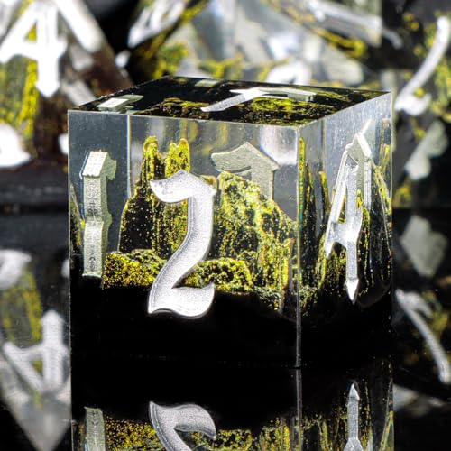 KERWELLSI DND Dice Set D&D, 7pcs Sharp Edge Resin D and D Dice with Gift Box, Nature Mountain Dungeon Dragon Role Playing Dice D20 D12 D10 D8 D6 D4 - color: Black