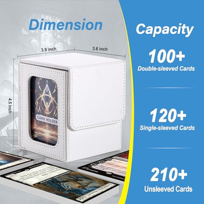 MTG Deck Box, Double Display Window MTG, Commander Deck Box Fits 120+ Single Sleeved Cards, PU Leather Magnetic Closure Card Box with 2 Dividers&2 Toploaders for TCG, CCG, White - color: White, size: 1 pack
