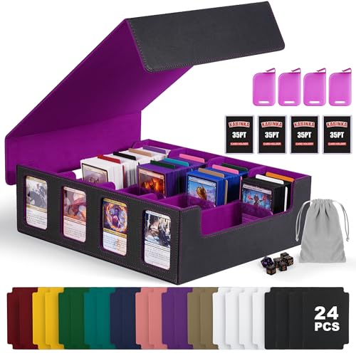 Trading Card Storage Box with Commander Display , 4-Row Deck Case with Removable Lid; 2400+ Card Deck Box for MTG TCG Sports Card, 4 Top Loaders, 4 Stoppers, 24 Dividers,1 Dice Bag (Black Purple) - color: A1-Black& Purple, size: 2400+