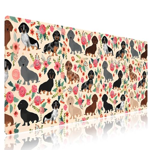 Cute Floral Dachshund Puppies Large Mouse Pad, Wiener Dog Flowers Desk Mat | Funny Doxie Pets Cartoon Art, Seamless Fantasy Design, Pink Rose Animal Print, 31.5" x 11.8", XXL Stitched Keyboard Mat - color: Floral Dachshund