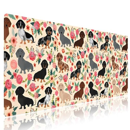 Cute Floral Dachshund Puppies Large Mouse Pad, Wiener Dog Flowers Desk Mat | Funny Doxie Pets Cartoon Art, Seamless Fantasy Design, Pink Rose Animal Print, 31.5" x 11.8", XXL Stitched Keyboard Mat - color: Floral Dachshund