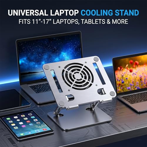 Laptop Cooling Stand with 12cm Turbo Fan, Ergonomic Dual-Axis Laptop Riser with 30cm Height Adjustment & 180° Rotation, 20KG Bearing Desk Stand for 11"-17" Laptops, Tablets, Gaming & Work (Silver)