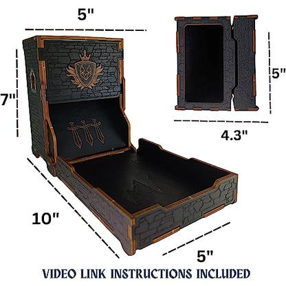 FOXBITE Dice Tower for Dungeons and Dragons Tower with Tray Wood Laser Etched DND Portable and Collapsible Dice Roller Perfect for Board Game and Tabletop RPG, Natural Wood Carved and Printed 5e