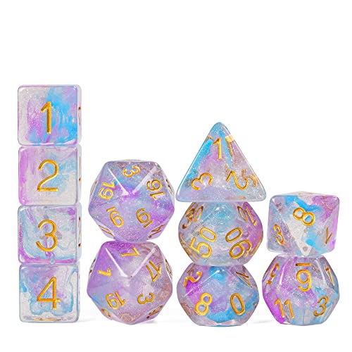 UDIXI 11-Pieces DND Dice Set Iridecent Swirls, Glitter Polyhedral D&D Dice | Purple & Blue Colors, Gold Number, Velvet Dice Bag Packaging, for Dungeons and Dragons Role Playing Games and Tabletop Games - color: 11 Piece Purple Blue Glitter Dice