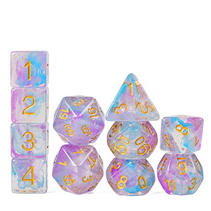 UDIXI 11-Pieces DND Dice Set Iridecent Swirls, Glitter Polyhedral D&D Dice | Purple & Blue Colors, Gold Number, Velvet Dice Bag Packaging, for Dungeons and Dragons Role Playing Games and Tabletop Games - color: 11 Piece Purple Blue Glitter Dice