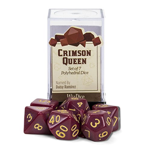 Wiz Dice Crimson Queen Set of 7 Polyhedral Dice, Solid Dark Red Tabletop RPG Dice with Clear Display Box