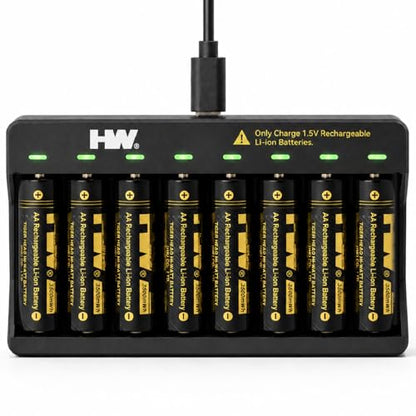 HW Rechargeable AA Batteries with AA/AAA Charger, [1.5V, 8-Pack] 3500mWh Double A Lithium Battery Charger High Capacity, Cargador de Baterias for Toys, Keyboards, Doorbell, Remote Controls, etc.
