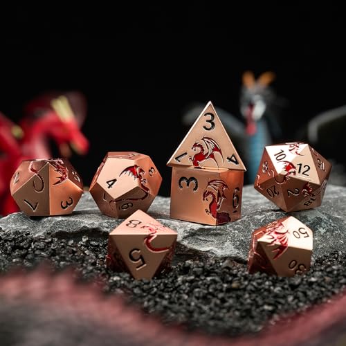 Metal Dragon Dice Set,7-Piece Zinc Alloy DND Dice,Ancient Red | Complete polyhedral dragon dice set with easy-to-read numbers and a magnetic gift box for DND players and collectors. - color: Ancient Gold Red