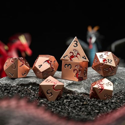 Metal Dragon Dice Set,7-Piece Zinc Alloy DND Dice,Ancient Red | Complete polyhedral dragon dice set with easy-to-read numbers and a magnetic gift box for DND players and collectors. - color: Ancient Gold Red